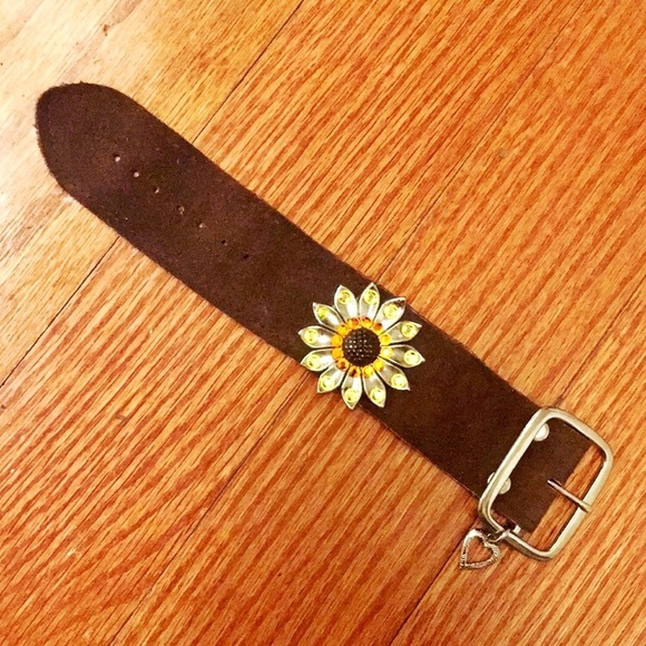 Jewelry - Brown Suede yellow orange rhinestone sunflower silver buckle strap band bracelet